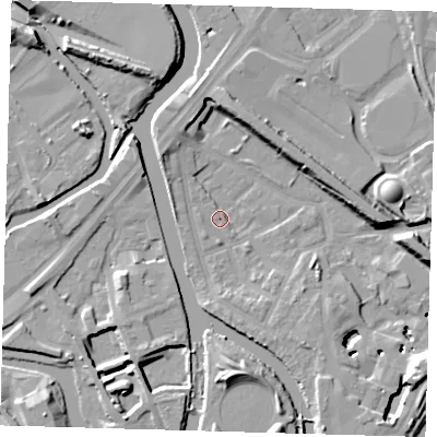 Shaded relief map of the ground around E152RH, computed from Environment Agency LiDAR. The ground here sits at about 4 m above sea level and falls 13 m across the surrounding 800 m. Surface water reaching this point runs off ground lying to the north-west, 3.9 m higher.