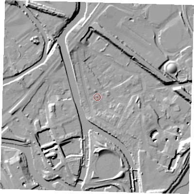 Shaded relief map of the ground around E152RJ, computed from Environment Agency LiDAR. The ground here sits at about 4 m above sea level and falls 13 m across the surrounding 800 m. Surface water reaching this point runs off ground lying to the south-south-east, 2.9 m higher.