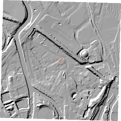 Shaded relief map of the ground around E152RP, computed from Environment Agency LiDAR. The ground here sits at about 3 m above sea level and falls 12 m across the surrounding 800 m. Surface water reaching this point runs off ground lying to the south-south-east, 11.3 m higher.