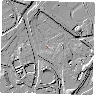 Shaded relief map of the ground around E152RQ, computed from Environment Agency LiDAR. The ground here sits at about 4 m above sea level and falls 13 m across the surrounding 800 m. Surface water reaching this point runs off ground lying to the south, 2.6 m higher.