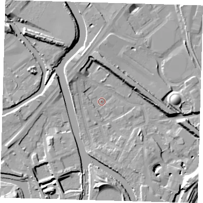 Shaded relief map of the ground around E152RR, computed from Environment Agency LiDAR. The ground here sits at about 3 m above sea level and falls 13 m across the surrounding 800 m. Surface water reaching this point runs off ground lying to the west-north-west, 4.9 m higher.