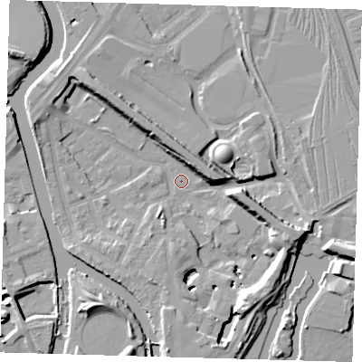 Shaded relief map of the ground around E152RS, computed from Environment Agency LiDAR. The ground here sits at about 3 m above sea level and falls 12 m across the surrounding 800 m. Surface water reaching this point runs off ground lying to the south-south-east, 11.3 m higher.