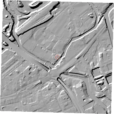 Shaded relief map of the ground around E152RT, computed from Environment Agency LiDAR. The ground here sits at about 5 m above sea level and falls 16 m across the surrounding 800 m. Surface water reaching this point runs off ground lying to the east-north-east, 1.7 m higher.