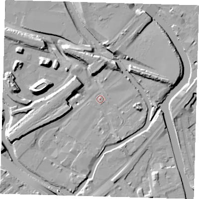 Shaded relief map of the ground around E152RU, computed from Environment Agency LiDAR. The ground here sits at about 5 m above sea level and falls 16 m across the surrounding 800 m. Surface water reaching this point runs off ground lying to the south-south-east, 1.7 m higher.