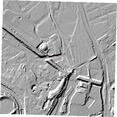Shaded relief map of the ground around E152RW, computed from Environment Agency LiDAR. The ground here sits at about 3 m above sea level and falls 12 m across the surrounding 800 m. Surface water reaching this point runs off ground lying to the south-south-east, 7.6 m higher.