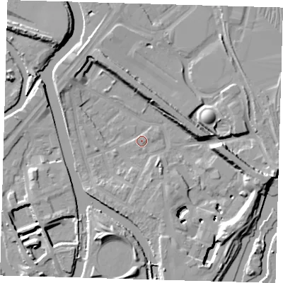 Shaded relief map of the ground around E152RX, computed from Environment Agency LiDAR. The ground here sits at about 3 m above sea level and falls 13 m across the surrounding 800 m. Surface water reaching this point runs off ground lying to the south-east, 11.3 m higher.