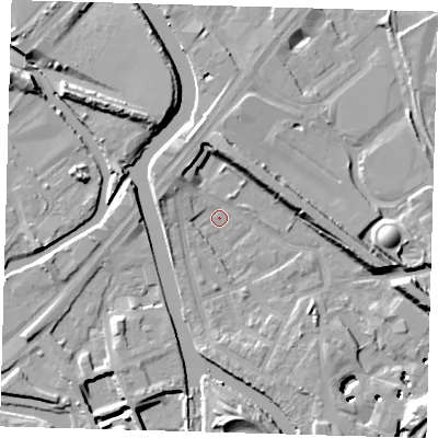 Shaded relief map of the ground around E152SA, computed from Environment Agency LiDAR. The ground here sits at about 3 m above sea level and falls 13 m across the surrounding 800 m. Surface water reaching this point runs off ground lying to the west-north-west, 4.0 m higher.