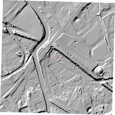 Shaded relief map of the ground around E152SD, computed from Environment Agency LiDAR. The ground here sits at about 3 m above sea level and falls 13 m across the surrounding 800 m. Surface water reaching this point runs off ground lying to the north-north-east, 6.8 m higher.