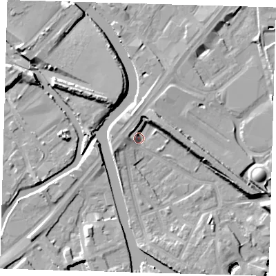 Shaded relief map of the ground around E152SE, computed from Environment Agency LiDAR. The ground here sits at about 4 m above sea level and falls 13 m across the surrounding 800 m. Surface water reaching this point runs off ground lying to the east-north-east, 7.2 m higher.