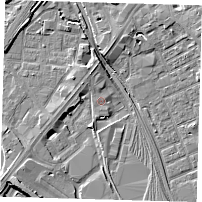 Shaded relief map of the ground around E152SN, computed from Environment Agency LiDAR. The ground here sits at about 4 m above sea level and falls 14 m across the surrounding 800 m. Surface water reaching this point runs off ground lying to the south, 0.9 m higher.