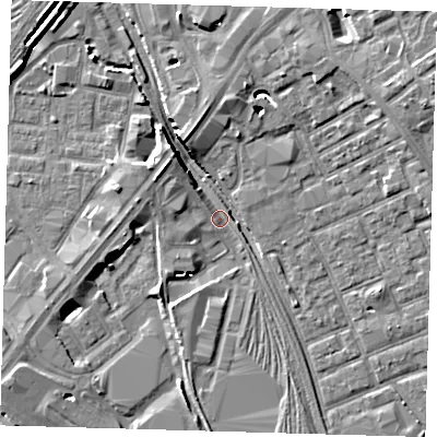 Shaded relief map of the ground around E152SP, computed from Environment Agency LiDAR. The ground here sits at about 3 m above sea level and falls 9 m across the surrounding 800 m. Surface water reaching this point runs off ground lying to the north-north-west, 6.0 m higher.