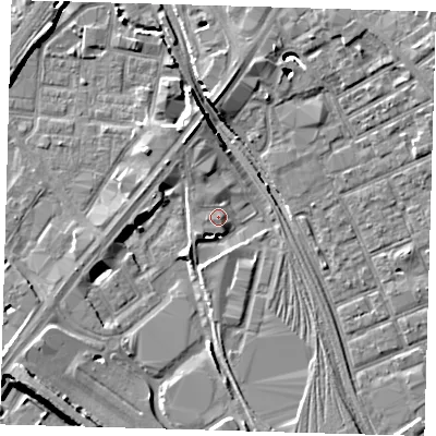 Shaded relief map of the ground around E152SQ, computed from Environment Agency LiDAR. The ground here sits at about 5 m above sea level and falls 9 m across the surrounding 800 m. Surface water reaching this point runs off ground lying to the south-west, 3.8 m higher.