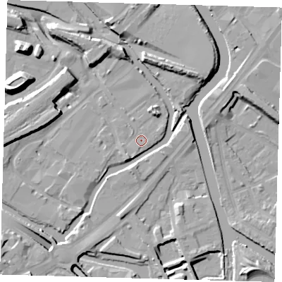 Shaded relief map of the ground around E152SR, computed from Environment Agency LiDAR. The ground here sits at about 5 m above sea level and falls 16 m across the surrounding 800 m. Surface water reaching this point runs off ground lying to the south-west, 2.6 m higher.