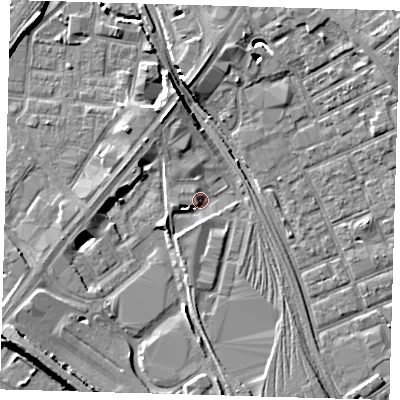 Shaded relief map of the ground around E152SS, computed from Environment Agency LiDAR. The ground here sits at about 4 m above sea level and falls 9 m across the surrounding 800 m. Surface water reaching this point runs off ground lying to the south-west, 3.8 m higher.