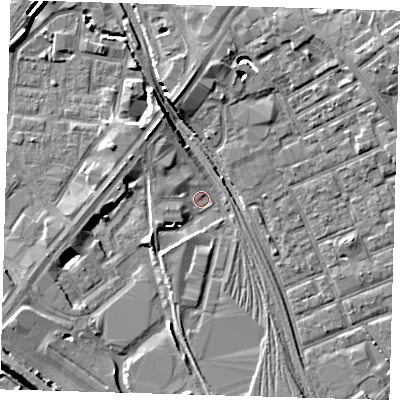 Shaded relief map of the ground around E152ST, computed from Environment Agency LiDAR. The ground here sits at about 3 m above sea level and falls 9 m across the surrounding 800 m. Surface water reaching this point runs off ground lying to the north-west, 5.7 m higher.