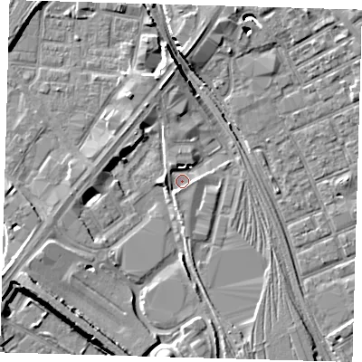 Shaded relief map of the ground around E152SX, computed from Environment Agency LiDAR. The ground here sits at about 3 m above sea level and falls 9 m across the surrounding 800 m. Surface water reaching this point runs off ground lying to the west, 3.8 m higher.