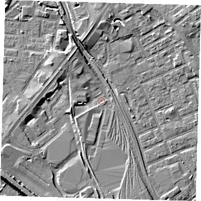 Shaded relief map of the ground around E152SY, computed from Environment Agency LiDAR. The ground here sits at about 3 m above sea level and falls 9 m across the surrounding 800 m. Surface water reaching this point runs off ground lying to the west-south-west, 2.5 m higher.