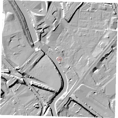 Shaded relief map of the ground around E152TA, computed from Environment Agency LiDAR. The ground here sits at about 5 m above sea level and falls 11 m across the surrounding 800 m. Surface water reaching this point runs off ground lying to the south, 7.3 m higher.