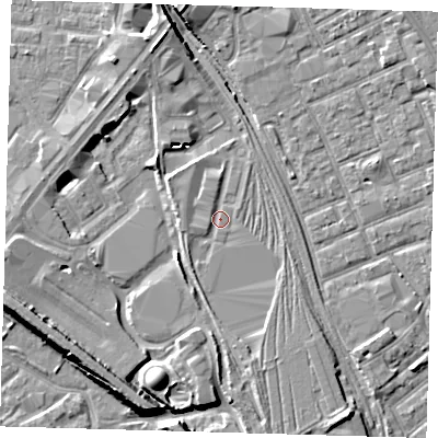 Shaded relief map of the ground around E152TB, computed from Environment Agency LiDAR. The ground here sits at about 4 m above sea level and falls 9 m across the surrounding 800 m. Surface water reaching this point runs off ground lying to the south-south-east, 1.8 m higher.
