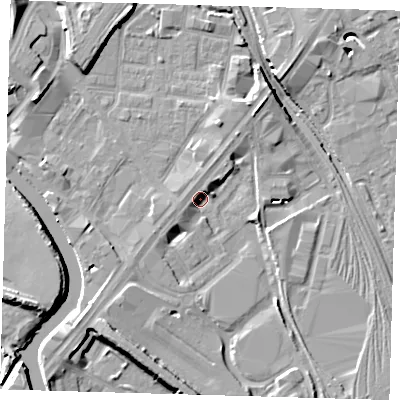 Shaded relief map of the ground around E152TF, computed from Environment Agency LiDAR. The ground here sits at about 4 m above sea level and falls 10 m across the surrounding 800 m. Surface water reaching this point runs off ground lying to the north-north-east, 4.3 m higher.