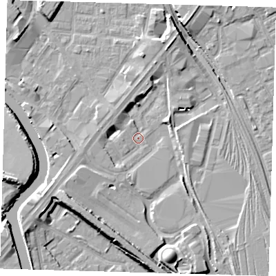 Shaded relief map of the ground around E152TG, computed from Environment Agency LiDAR. The ground here sits at about 3 m above sea level and falls 10 m across the surrounding 800 m. Surface water reaching this point runs off ground lying to the west, 1.3 m higher.