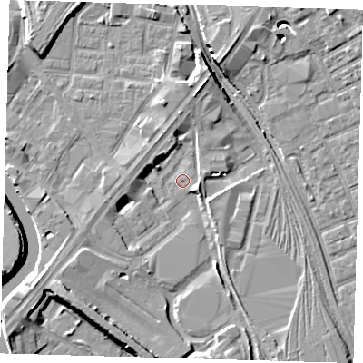 Shaded relief map of the ground around E152TH, computed from Environment Agency LiDAR. The ground here sits at about 3 m above sea level and falls 9 m across the surrounding 800 m. Surface water reaching this point runs off ground lying to the north, 4.7 m higher.