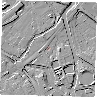 Shaded relief map of the ground around E152TP, computed from Environment Agency LiDAR. The ground here sits at about 4 m above sea level and falls 16 m across the surrounding 800 m. Surface water reaching this point runs off ground lying to the east, 4.8 m higher.