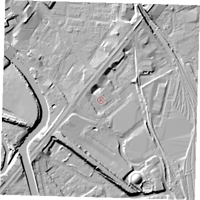 Shaded relief map of the ground around E152TQ, computed from Environment Agency LiDAR. The ground here sits at about 4 m above sea level and falls 10 m across the surrounding 800 m. Surface water reaching this point runs off ground lying to the south, 7.4 m higher.