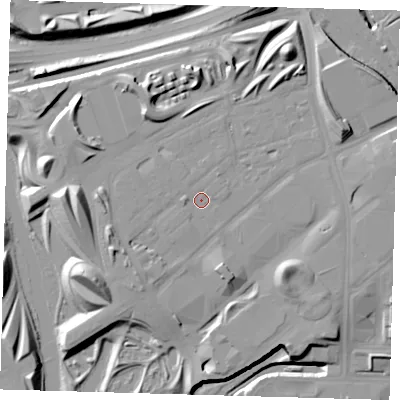Shaded relief map of the ground around E152UL, computed from Environment Agency LiDAR. The ground here sits at about 13 m above sea level and falls 18 m across the surrounding 800 m. Surface water reaching this point runs off ground lying to the west, 1.2 m higher.