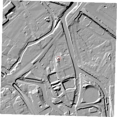 Shaded relief map of the ground around E152YX, computed from Environment Agency LiDAR. The ground here sits at about 7 m above sea level and falls 11 m across the surrounding 800 m. Surface water reaching this point runs off ground lying to the south-west, 4.8 m higher.