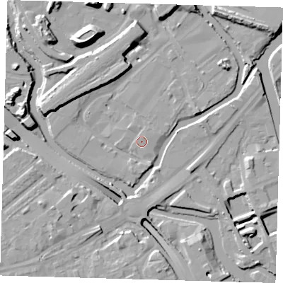 Shaded relief map of the ground around E152ZD, computed from Environment Agency LiDAR. The ground here sits at about 5 m above sea level and falls 16 m across the surrounding 800 m. Surface water reaching this point runs off ground lying to the north-west, 1.1 m higher.