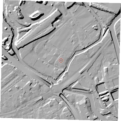 Shaded relief map of the ground around E152ZE, computed from Environment Agency LiDAR. The ground here sits at about 5 m above sea level and falls 16 m across the surrounding 800 m. The ground contributing surface water to this point lies to the north-north-west.