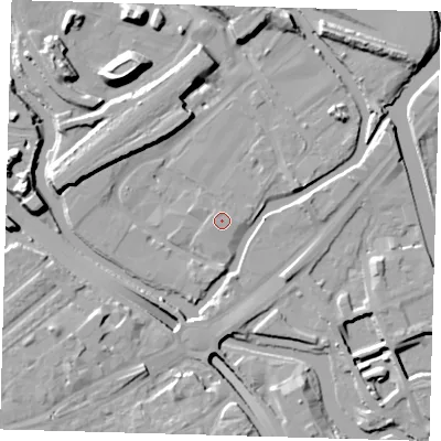 Shaded relief map of the ground around E152ZF, computed from Environment Agency LiDAR. The ground here sits at about 5 m above sea level and falls 16 m across the surrounding 800 m. Surface water reaching this point runs off ground lying to the west-north-west, 1.0 m higher.