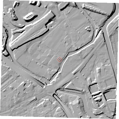 Shaded relief map of the ground around E152ZG, computed from Environment Agency LiDAR. The ground here sits at about 5 m above sea level and falls 16 m across the surrounding 800 m. Surface water reaching this point runs off ground lying to the west, 1.6 m higher.