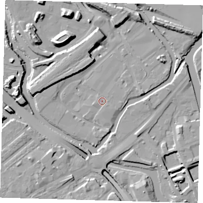 Shaded relief map of the ground around E152ZH, computed from Environment Agency LiDAR. The ground here sits at about 5 m above sea level and falls 16 m across the surrounding 800 m. Surface water reaching this point runs off ground lying to the west-south-west, 1.0 m higher.