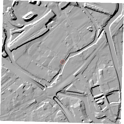 Shaded relief map of the ground around E152ZJ, computed from Environment Agency LiDAR. The ground here sits at about 4 m above sea level and falls 16 m across the surrounding 800 m. Surface water reaching this point runs off ground lying to the south-south-west, 4.6 m higher.
