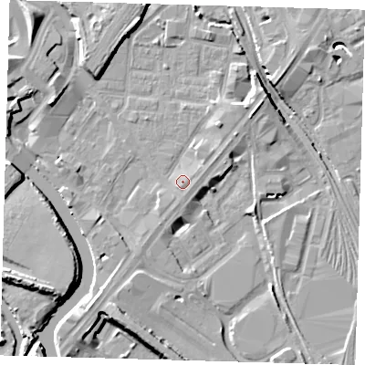 Shaded relief map of the ground around E152ZL, computed from Environment Agency LiDAR. The ground here sits at about 5 m above sea level and falls 10 m across the surrounding 800 m. Surface water reaching this point runs off ground lying to the east, 1.2 m higher.