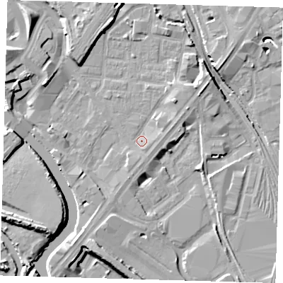 Shaded relief map of the ground around E152ZN, computed from Environment Agency LiDAR. The ground here sits at about 4 m above sea level and falls 10 m across the surrounding 800 m. Surface water reaching this point runs off ground lying to the east-north-east, 2.0 m higher.