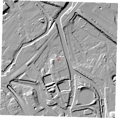 Shaded relief map of the ground around E152ZP, computed from Environment Agency LiDAR. The ground here sits at about 5 m above sea level and falls 13 m across the surrounding 800 m. Surface water reaching this point runs off ground lying to the south, 3.4 m higher.