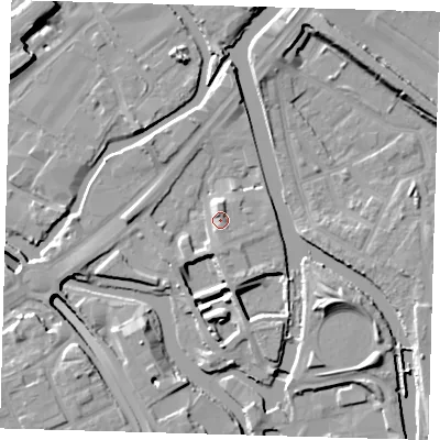 Shaded relief map of the ground around E152ZQ, computed from Environment Agency LiDAR. The ground here sits at about 6 m above sea level and falls 11 m across the surrounding 800 m. Surface water reaching this point runs off ground lying to the north-north-west, 3.2 m higher.
