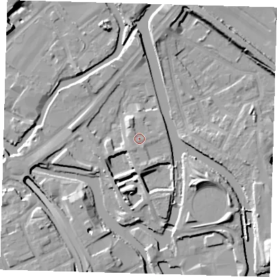 Shaded relief map of the ground around E152ZR, computed from Environment Agency LiDAR. The ground here sits at about 6 m above sea level and falls 13 m across the surrounding 800 m. Surface water reaching this point runs off ground lying to the north-west, 0.8 m higher.