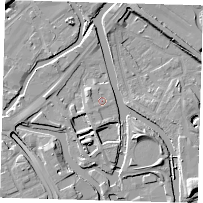 Shaded relief map of the ground around E152ZS, computed from Environment Agency LiDAR. The ground here sits at about 6 m above sea level and falls 13 m across the surrounding 800 m. Surface water reaching this point runs off ground lying to the south-west, 1.1 m higher.