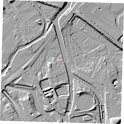 Shaded relief map of the ground around E152ZT, computed from Environment Agency LiDAR. The ground here sits at about 5 m above sea level and falls 13 m across the surrounding 800 m. Surface water reaching this point runs off ground lying to the south-south-east, 8.7 m higher.