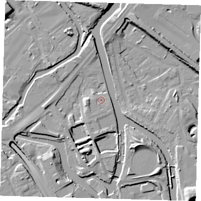 Shaded relief map of the ground around E152ZU, computed from Environment Agency LiDAR. The ground here sits at about 5 m above sea level and falls 13 m across the surrounding 800 m. Surface water reaching this point runs off ground lying to the south-south-west, 1.3 m higher.