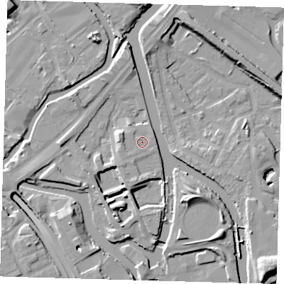 Shaded relief map of the ground around E152ZZ, computed from Environment Agency LiDAR. The ground here sits at about 5 m above sea level and falls 13 m across the surrounding 800 m. Surface water reaching this point runs off ground lying to the south-west, 1.1 m higher.