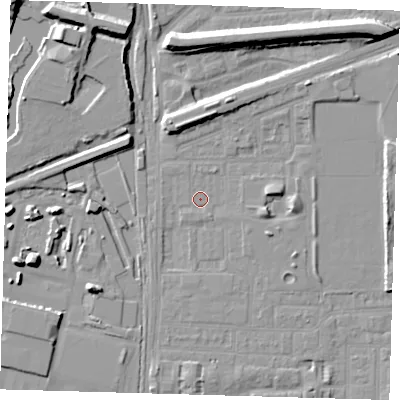 Shaded relief map of the ground around E153AA, computed from Environment Agency LiDAR. The ground here sits at about 1 m above sea level and falls 10 m across the surrounding 800 m. Surface water reaching this point runs off ground lying to the north-north-east, 3.7 m higher.