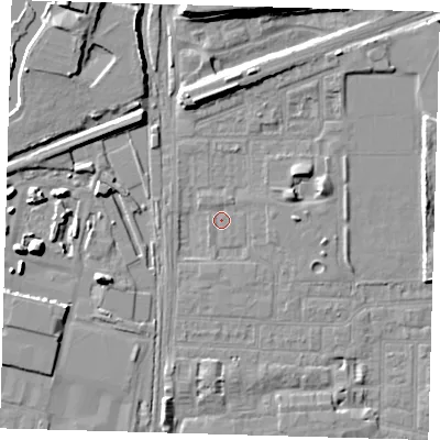 Shaded relief map of the ground around E153AB, computed from Environment Agency LiDAR. The ground here sits at about 1 m above sea level and falls 9 m across the surrounding 800 m. Surface water reaching this point runs off ground lying to the east, 1.6 m higher.