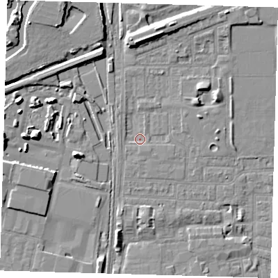 Shaded relief map of the ground around E153AD, computed from Environment Agency LiDAR. The ground here sits at about 1 m above sea level and falls 8 m across the surrounding 800 m. Surface water reaching this point runs off ground lying to the south-south-east, 1.3 m higher.