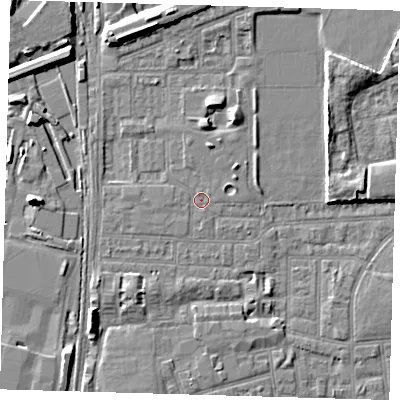 Shaded relief map of the ground around E153AE, computed from Environment Agency LiDAR. The ground here sits at about 2 m above sea level and falls 8 m across the surrounding 800 m. Surface water reaching this point runs off ground lying to the north-north-west, 0.5 m higher.
