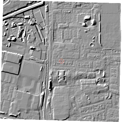 Shaded relief map of the ground around E153AF, computed from Environment Agency LiDAR. The ground here sits at about 2 m above sea level and falls 8 m across the surrounding 800 m. Surface water reaching this point runs off ground lying to the south-west, 2.0 m higher.